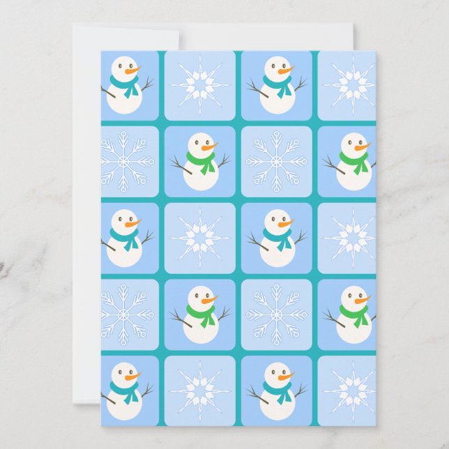 Tarjeta Festiva Patrón de invierno de snowman y copos de nieve (Anverso)