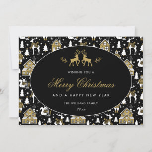 Tarjeta Festiva Patrón de invierno dorado blanco y negro