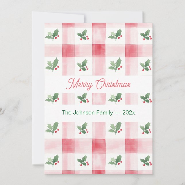 Tarjeta Festiva Patrón de Navidades Retro Verde Rojo Rosa (Anverso)