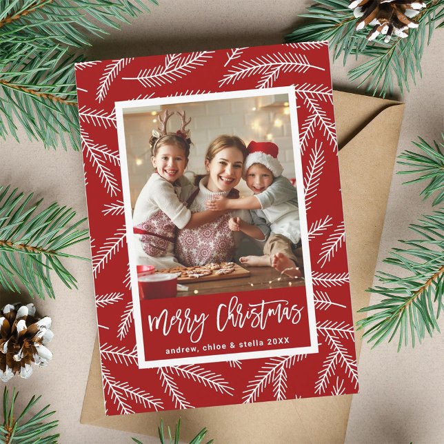 Tarjeta Festiva Patrón de ramas de pino rojo Fotos navideñas (Subido por el creador)