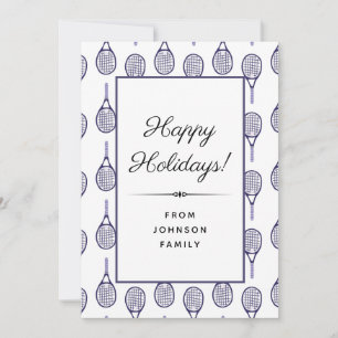 Tarjeta Festiva Patrón de raqueta de tenis morada Felices Fiestas 