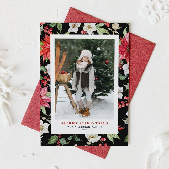 Tarjeta Festiva Patrón floral de invierno Foto de Navidades negros (Festive Winter Flowers Pattern Black Photo Merry Christmas Card)