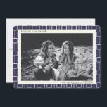 Tarjeta Festiva Patrón moderno de mediados de siglo en foto azul d<br><div class="desc">Moderno,  moderno y sencillo estilo retro de mediados de siglo moderno en azul y blanco para Hanukkah,  personalizado con tu nombre y foto.</div>