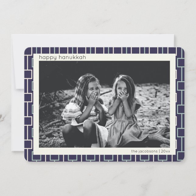 Tarjeta Festiva Patrón moderno de mediados de siglo en foto azul d (Anverso)