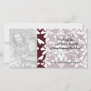 Tarjeta Festiva patrón ornamental de damasco de ave blanca y burga