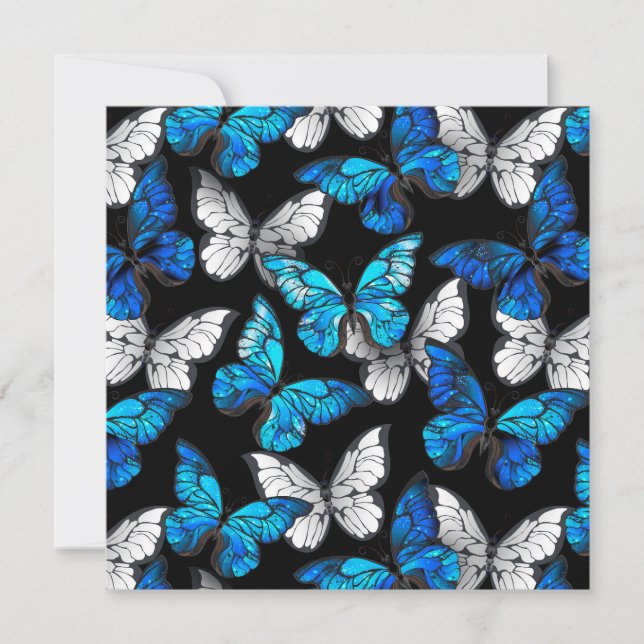 Tarjeta Festiva Patrón oscuro sin foco con mariposas azules morfo (Anverso)