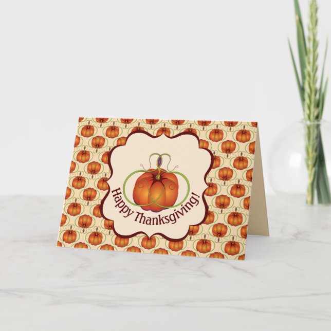 Tarjeta Festiva Patrón otoño de la calabaza curvada naranja (Anverso)