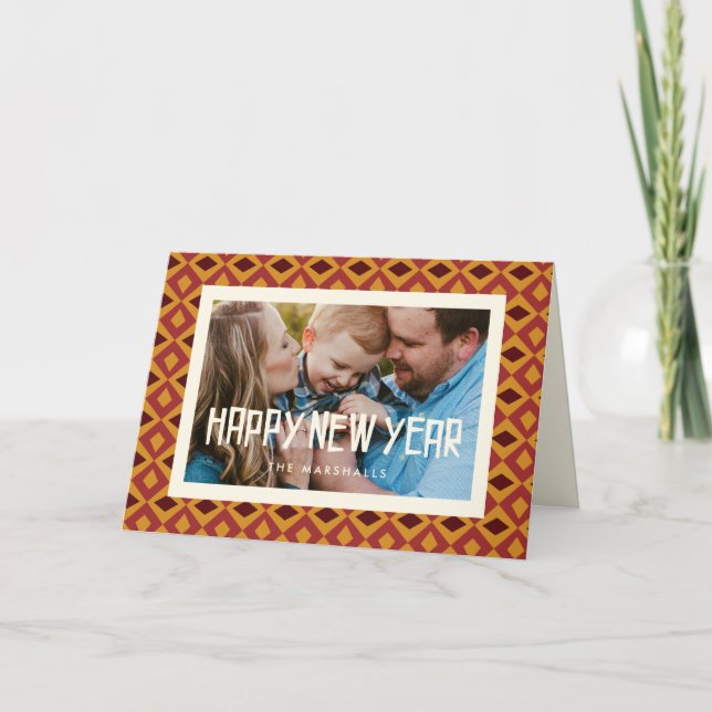 Tarjeta Festiva Patrón retro de mediados de siglo Feliz Año Nuevo (Anverso)