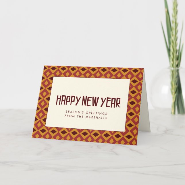 Tarjeta Festiva Patrón retro de mediados de siglo Feliz Año Nuevo (Anverso)