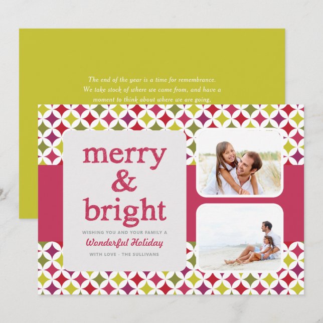 Tarjeta Festiva Patrón retro - Foto de Navidades merry y brillante (Anverso / Reverso)