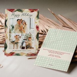 Tarjeta Festiva Patrón verde rojo de plaid Felices vacaciones 3 Fo