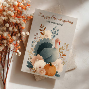 Tarjeta Festiva Pavo con follaje de otoño pastel feliz día de acci