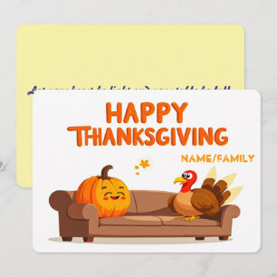Tarjeta Festiva Pavo de dibujos animados y calabaza relajándose en