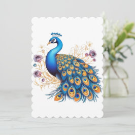 Tarjeta Festiva Pavo Real Con Flores Moradas