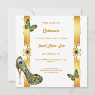 Tarjeta Festiva Pavo real Quinceañera dorado blanco glamour plumas