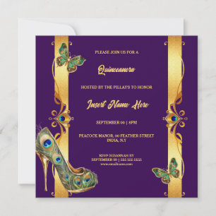 Tarjeta Festiva Pavo real Quinceañera dorado púrpura glamour pluma