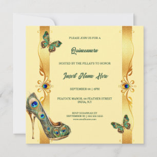 Tarjeta Festiva Pavo real Quinceañera oro verde glamour plumas