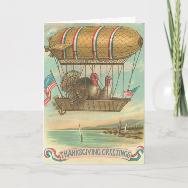 Tarjeta Festiva Pavos en globo aerostático con banderas de Estados (Anverso)