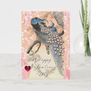 Tarjeta Festiva PAVOS REALES, FLORES PINK SAKURA Día de San Valent