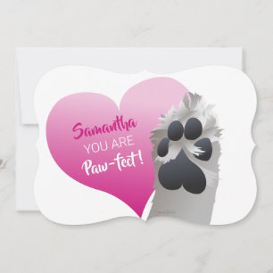 Tarjeta Festiva Paw de perro, lindo con los corazones rosas, plana
