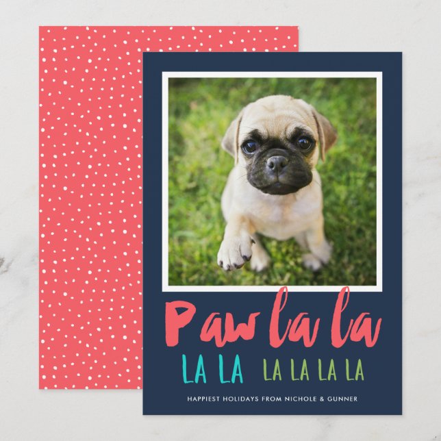 Tarjeta Festiva Paw La La Mascota foto Navidades modernos Coral (Anverso / Reverso)