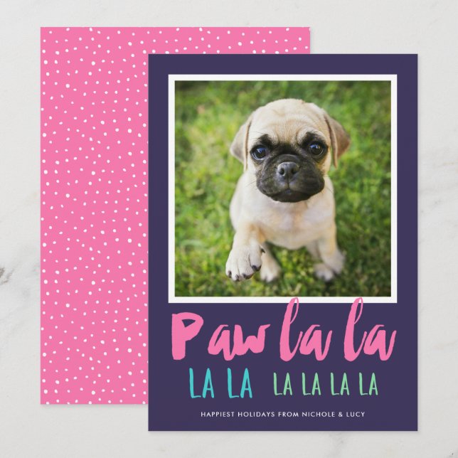 Tarjeta Festiva Paw La La Mascota foto Navidades modernos rosados (Anverso / Reverso)