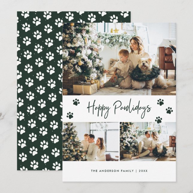 Tarjeta Festiva Paw Print Collage de fotos Happy Pawlidays Green M (Anverso / Reverso)