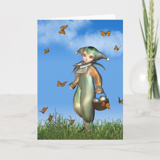 Tarjeta Festiva Payaso de Pierrot de Pascua con mariposas (Anverso)