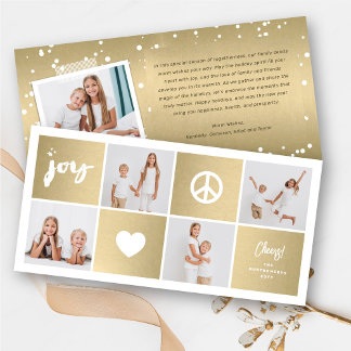 Tarjeta Festiva Paz Alegría Amor Luminoso Cuadrados de Oro Elegant