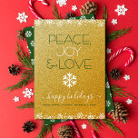 Tarjeta Festiva Paz Alegría Amor Tipografía Copo de Nieve Dorado B<br><div class="desc">“Paz, alegría y amor.” Una divertida y juguetona ilustración de copo de nieve blanco y tipografía moderna sobre un fondo brillante de purpurina dorada falsa te ayuda a recibir la temporada navideña. Copos de nieve blancos y puntos de confeti enmarcan la tarjeta. Un patrón de copo de nieve blanco superpuesto...</div>