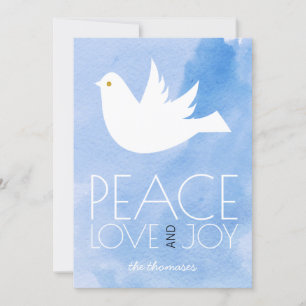 Tarjeta Festiva Paz, amor, alegría color de agua azul y Navidades