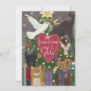 Tarjeta Festiva Paz, amor, alegría, Mascotas en Navidades