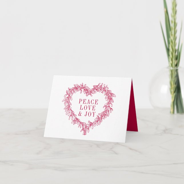Tarjeta Festiva Paz, amor alegría mistletocorazón Navidades (Anverso)