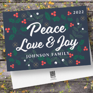 Tarjeta Festiva Paz Amor & Alegría Modernos Bayas de Acebo Follaje