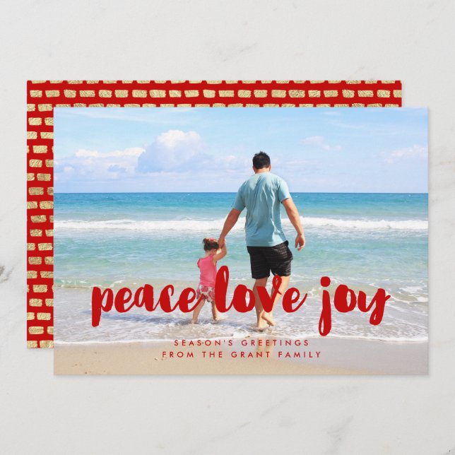 Tarjeta Festiva Paz Amor Alegría Navidades Rojos Foto familiar (Anverso / Reverso)