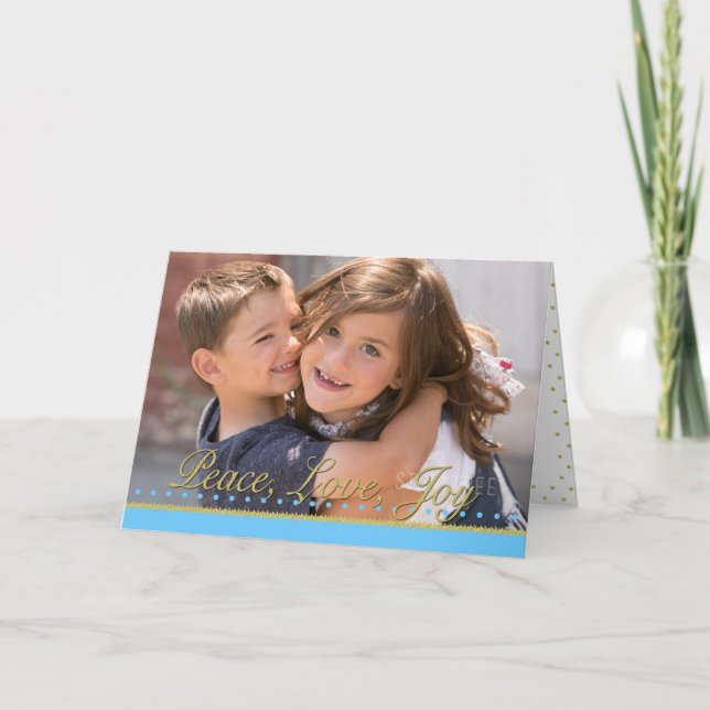 Tarjeta Festiva Paz Amor Alegría Puntos Dorados Foto Navideña (Anverso)