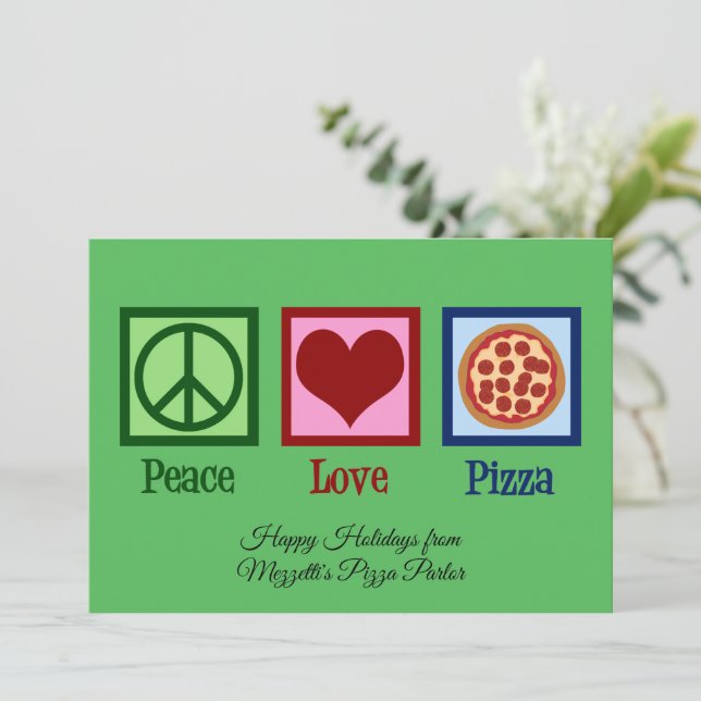 Tarjeta Festiva Paz Amor Pizza Personalizados Navidades (Anverso de pie)