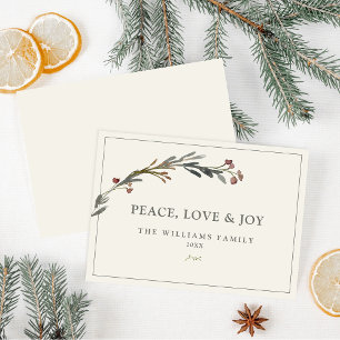 Tarjeta Festiva Paz Amor y Alegría Bayas Rojas Verdor
