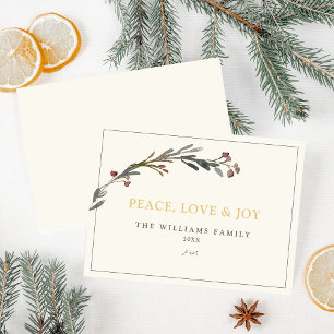 Tarjeta Festiva Paz Amor y Alegría Bayas Rojas Verdor