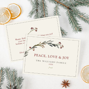 Tarjeta Festiva Paz Amor y Alegría Bayas Rojas Verdor