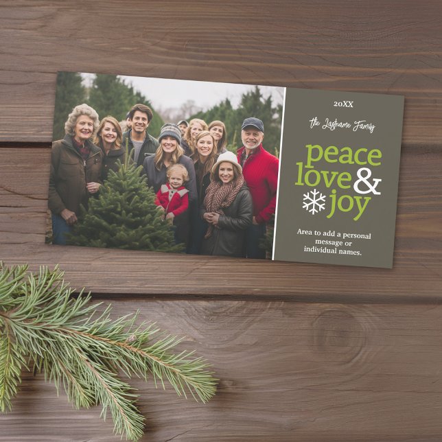 Tarjeta Festiva Paz, amor y alegría - Foto moderna (A photo card with a Christmas theme. Add 1 photo and greeting. Download option available.)