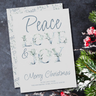 Tarjeta Festiva Paz, amor y alegría, Navidades de tipografía decor