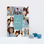 Tarjeta Festiva Paz, amor y luz | Collage de fotos Hanukkah<br><div class="desc">La hermosa tarjeta de fotos de Hanukkah basada en tipografía muestra ocho de tus fotos familiares favoritas en un diseño de collage. "Deseándote paz, amor y luz este Hanukkah y siempre" aparece en el centro en una tipografía con letras de mano blanca sobre un polvoriento fondo verde azulado salpicado de...</div>