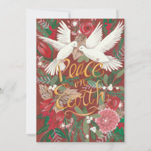 Tarjeta Festiva Paz Botánica Roja en la Tierra Palomas Flores Fl