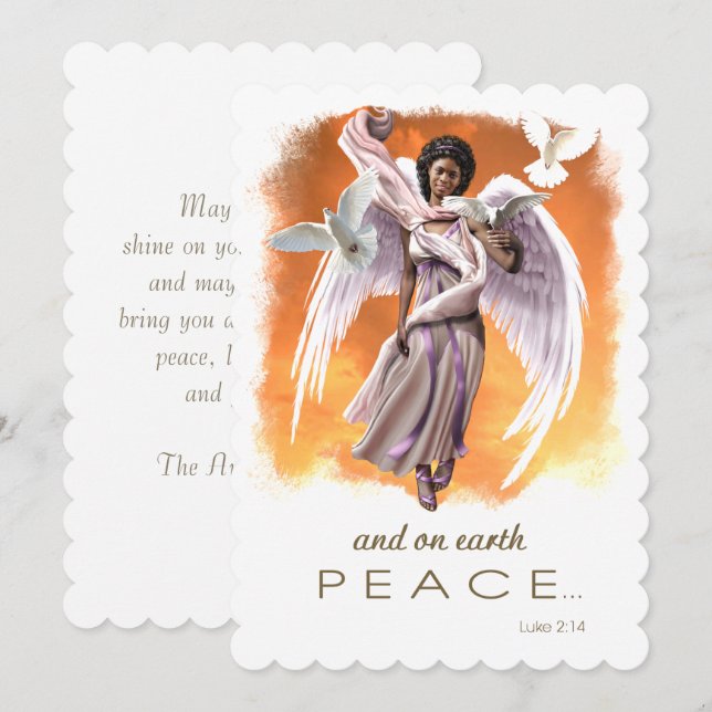 Tarjeta Festiva Paz en la Tierra. Ángel afroamericano (Anverso / Reverso)