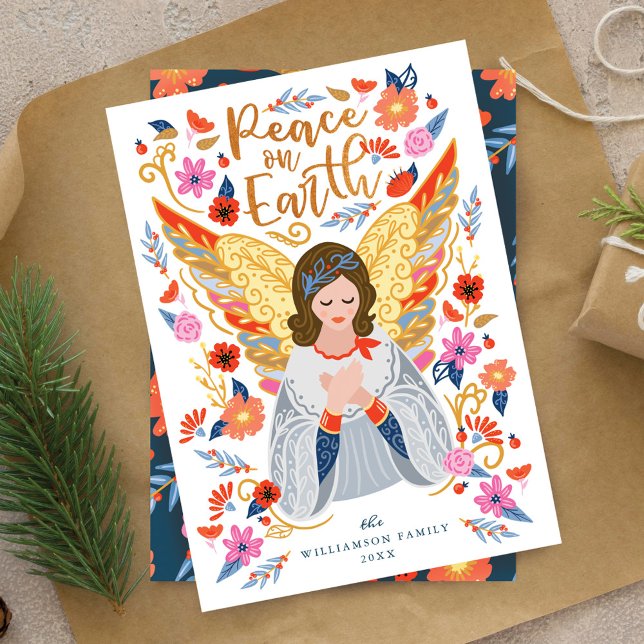 Tarjeta Festiva Paz en la Tierra Ángel Floral Arte Popular Blanco (Peace on Earth Angel Floral Folk Art White Holiday Card)