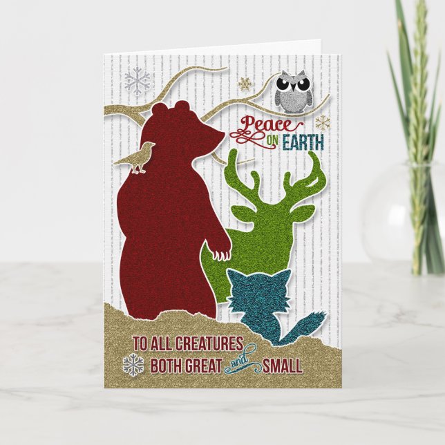 Tarjeta Festiva Paz en la Tierra con animales de bosque de estilo  (Anverso)