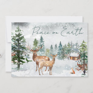 Tarjeta Festiva Paz en la Tierra Foto Bosque Nevado Ciervos Escrit