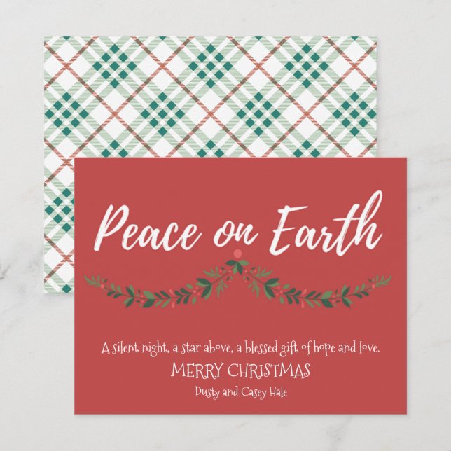 Tarjeta Festiva Paz en la Tierra Holly Red Plaid Religioso (Anverso / Reverso)