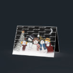Tarjeta Festiva Paz En La Tierra Hombres De Nieve En Copos De Niev<br><div class="desc">Hombres de nieve con copos de nieve con texto de "paz en la tierra" en negro con copos de nieve,  luna creciente y un pino blanco. Se puede cambiar el color de fondo. Se puede cambiar el texto.</div>
